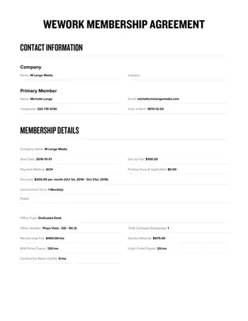 Wework Membership Agreement Form Preview