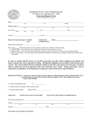 Wiley College Transcript Form Preview