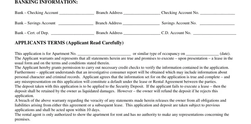 BANKING INFORMATION, Bank  Checking Account  Branch, Bank  Savings Account  Branch, Bank  Cert of Dep  Branch Address, APPLICANTS TERMS Applicant Read, and This application is for Apartment in winn application online