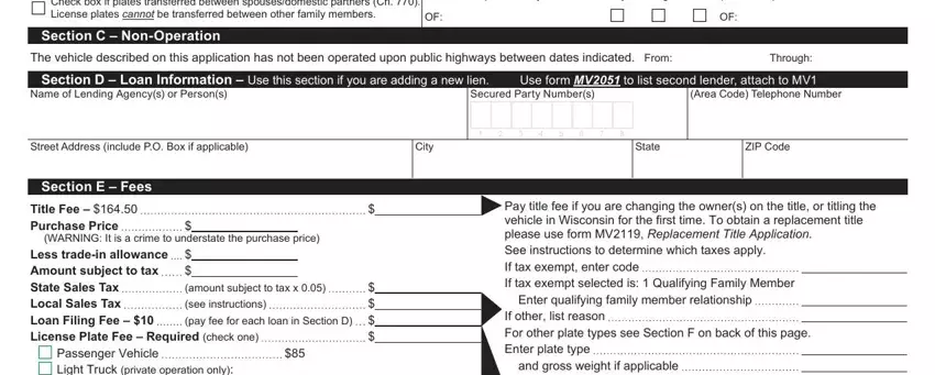 mv1 form wisconsin dmv VehicleiskeptinCounty, CityVillageTowncheckoneOF, NameofLendingAgencysorPersons, SecuredPartyNumbers, AreaCodeTelephoneNumber, City, State, ZIPCode, and SectionEFeesTitleFeePurchasePrice fields to fill