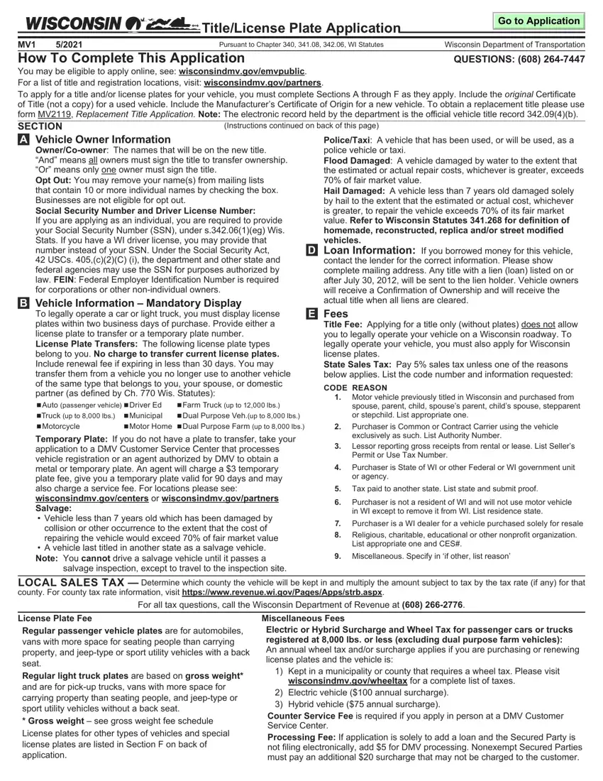 Wisconsin Dmv Mv1 Form first page preview