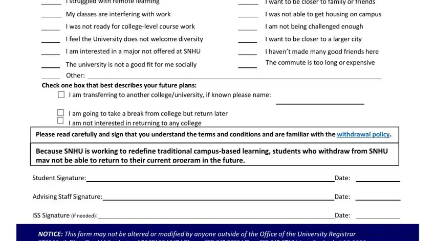snhu drop class Other, StudentSignature, AdvisingStaffSignature, Date, and Date blanks to fill out
