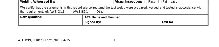 georgia Welding Witnessed By, Visual Inspection, Pass, Fail reason, We certify that the statements in, Date Qualified, ATF Name and Number Signed By, CWI No, and ATF WPQR Blank Form fields to fill out