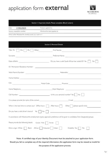 Woolworths Jobs Application Form Preview