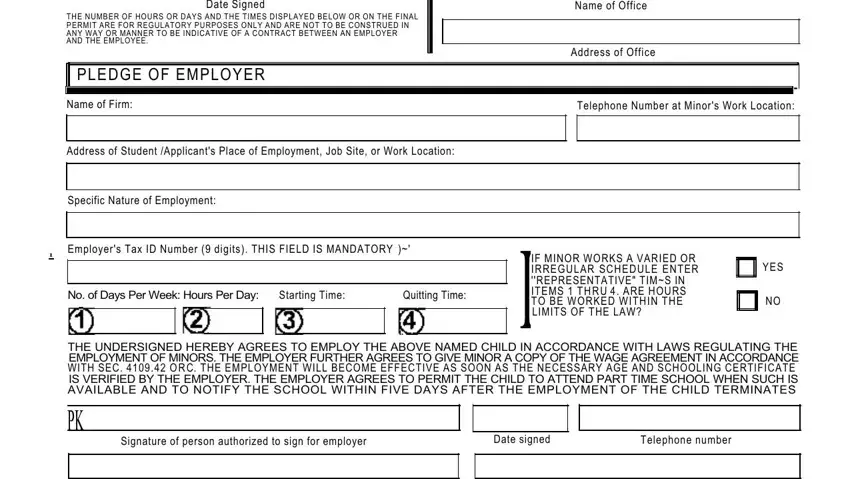 Date Signed, THE NUMBER OF HOURS OR DAYS AND, PLEDGE OF EMPLOYER, Name of Firm, Name of Office, Address of Office, Telephone Number at Minors Work, Address of Student Applicants, Specific Nature of Employment, Employers Tax ID Number  digits, No of Days Per Week Hours Per Day, Starting Time, Quitting Time, IF MINOR WORKS A VARIED OR, and YES in workers permit application