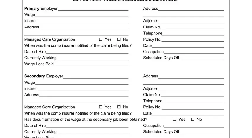 workers compensation client intake form EMPLOYMENTINSURANCEUNION MEMBERSHIP, Primary Employer, Wage, Insurer, Address, Managed Care Organization When was, Yes  No, Date of Hire Currently Working, Wage Loss Paid, Secondary Employer, Wage Insurer, Address, Managed Care Organization, Yes  No, and Address fields to fill out