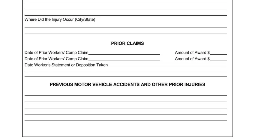 Where Did the Injury Occur, PRIOR CLAIMS, Date of Prior Workers Comp Claim, Amount of Award, Amount of Award, and PREVIOUS MOTOR VEHICLE ACCIDENTS in workers compensation client intake form