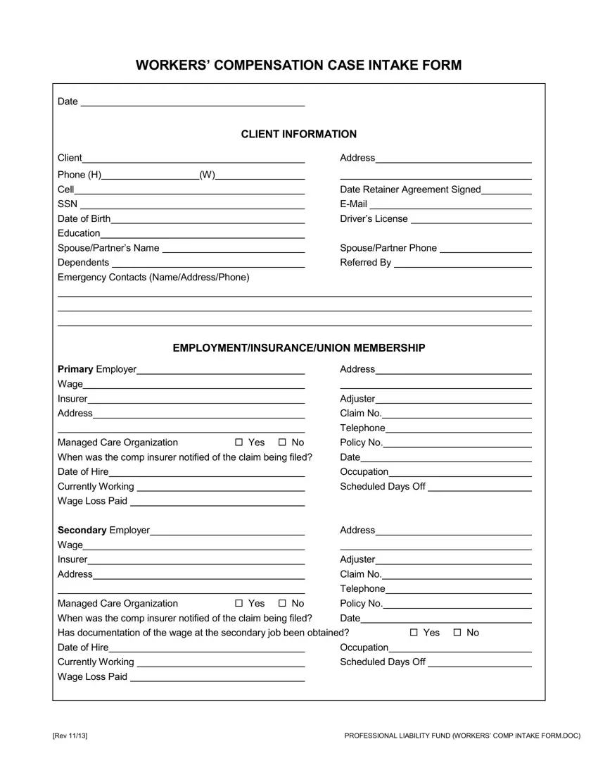 Workers Compensation Intake Form first page preview