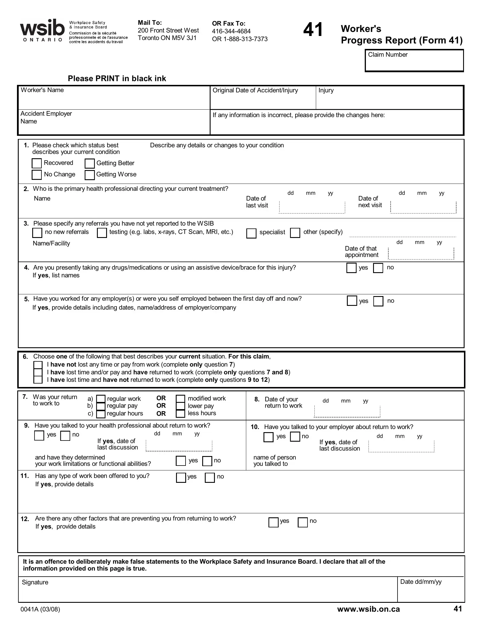 Wsib Form Progress Report 41 Fill Out Printable PDF Forms Online