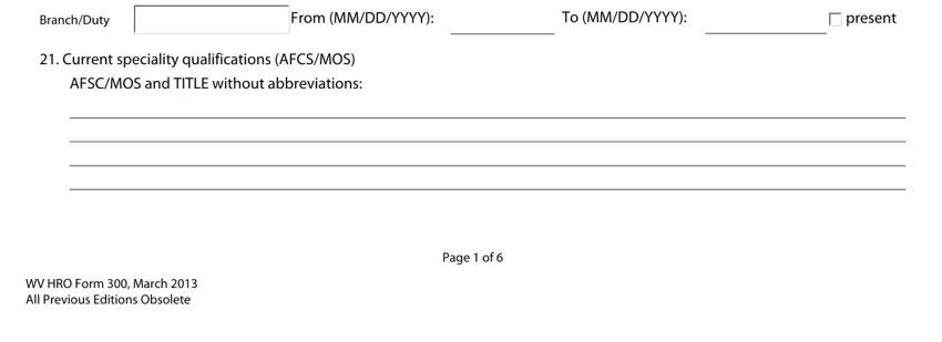 hro 300 form present, BranchDuty, From MMDDYYYY, To MMDDYYYY, Current speciality qualifications, AFSCMOS and TITLE without, WV HRO Form  March  All Previous, and Page  of blanks to fill out