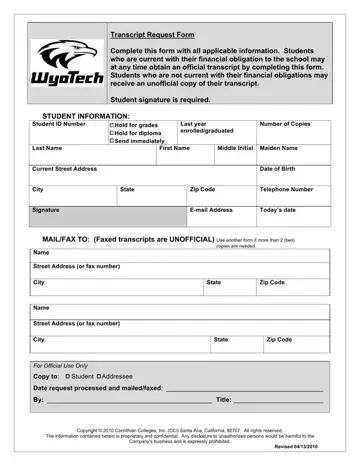 Wyotech Transcript Form Preview