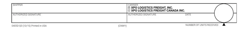 SHIPPER, AUTHORIZED SIGNATURE, CARRIER, XPO LOGISTICS FREIGHT INC XPO, AUTHORIZED SIGNATURE, DATE, Q  Printed in USA, CNWY, and NUMBER OF UNITS RECEIVED in xpo bol pdf