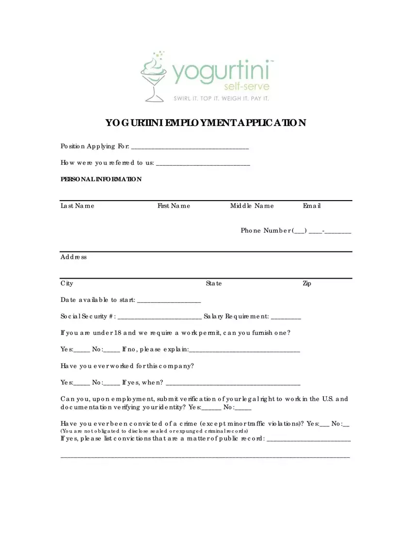 Yourtini Employment Application first page preview