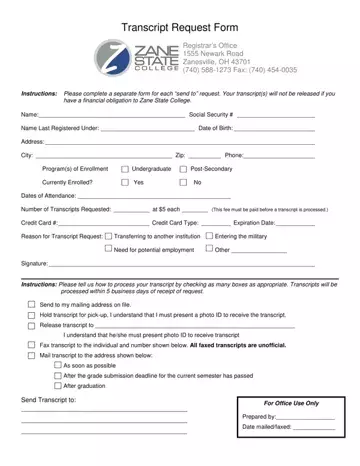 Zane Transcript Request Form Preview