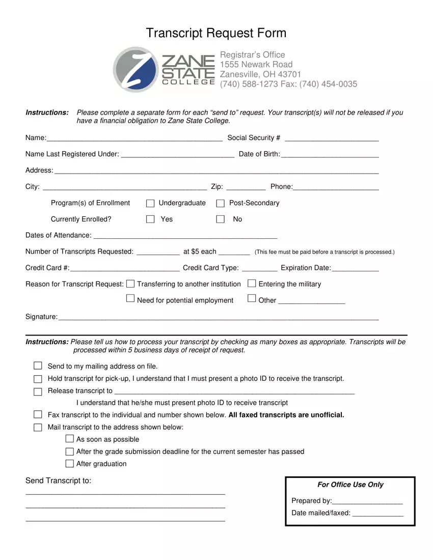 Zane Transcript Request Form first page preview