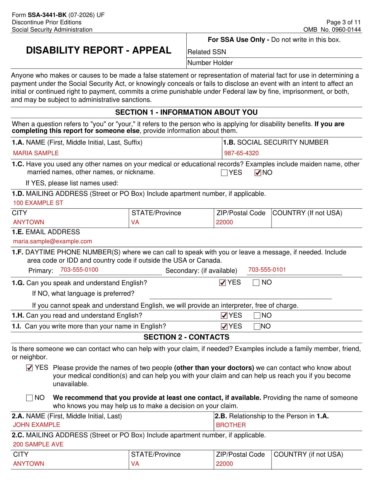 Form SSA-3441-BK example filled out, example: an update with one contact, one provider and one medicine