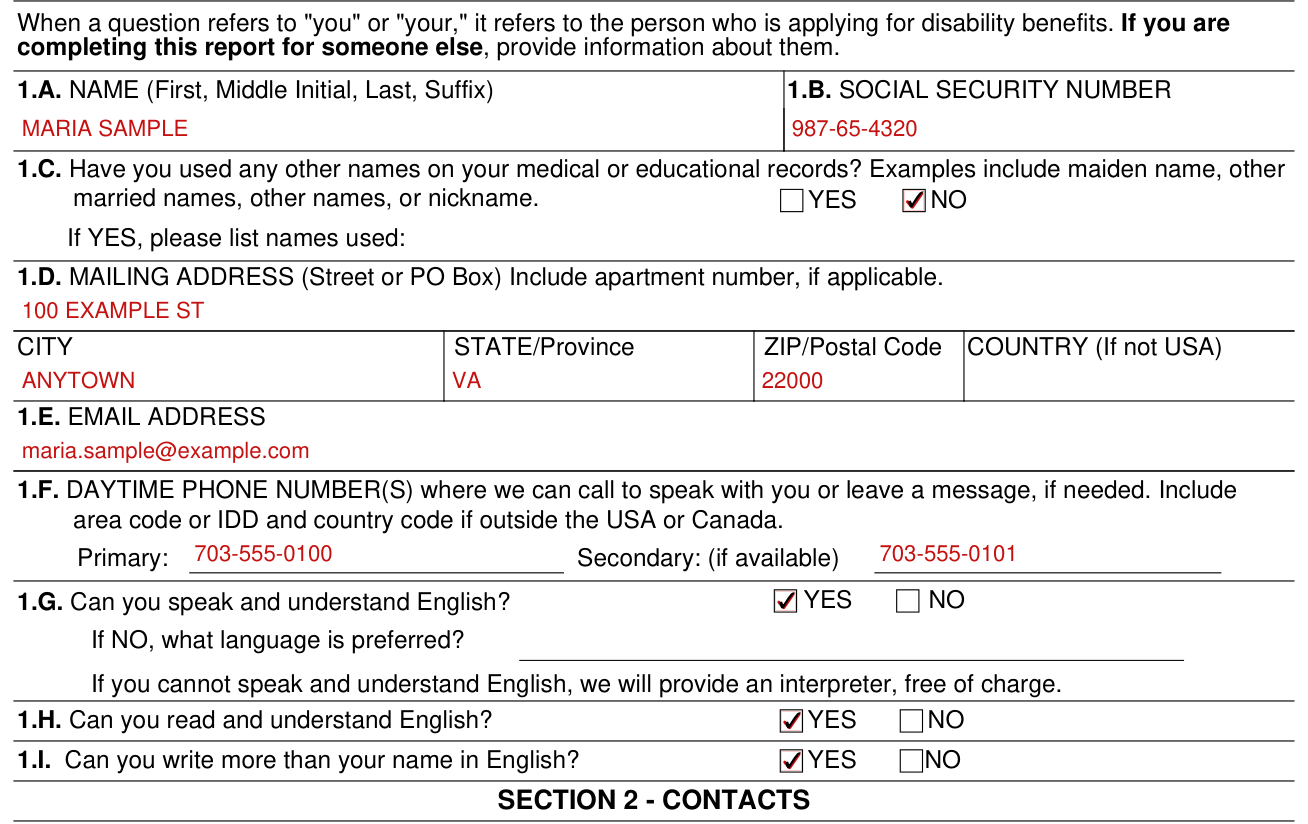 Form SSA-3441-BK example filled out, section 1, Information about you