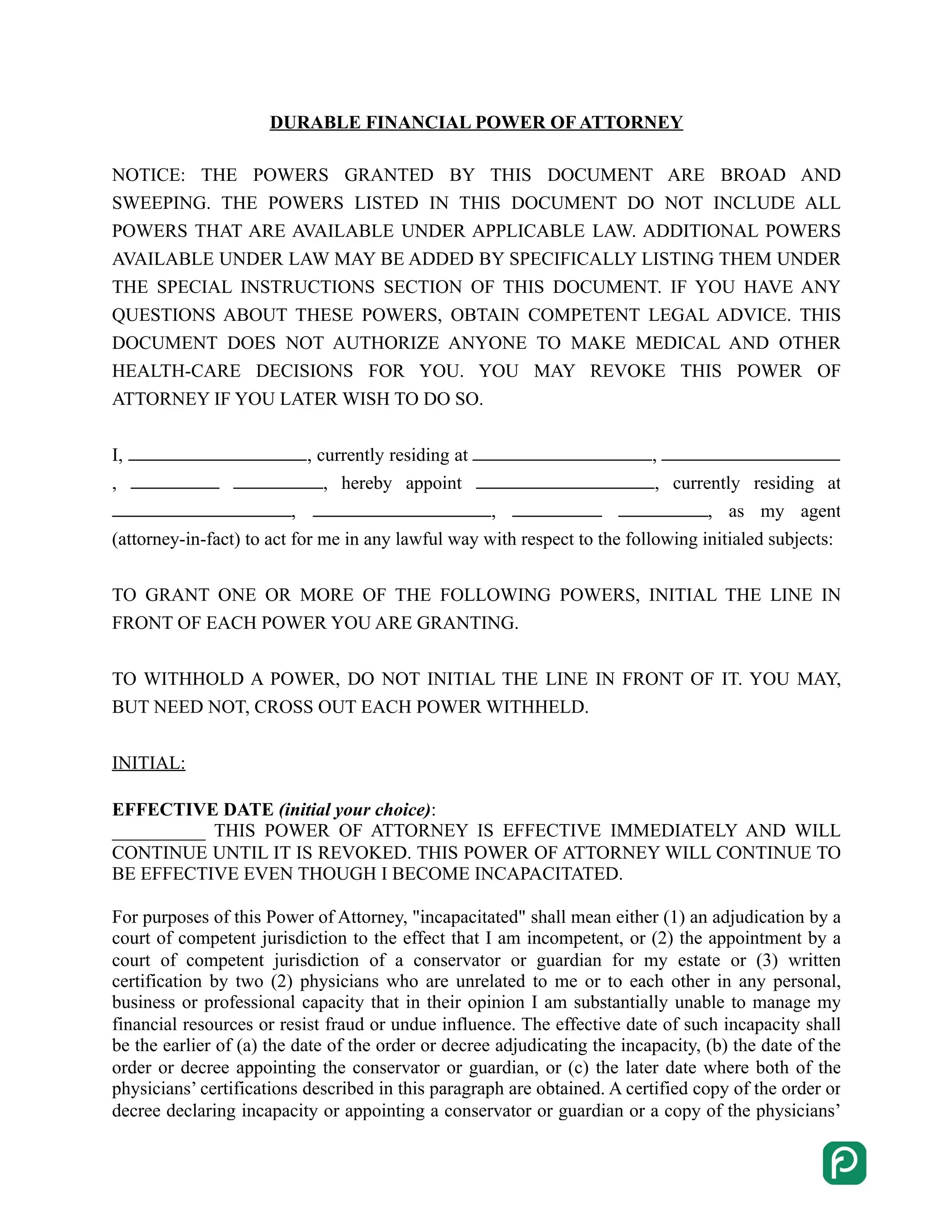 Durable power of attorney form