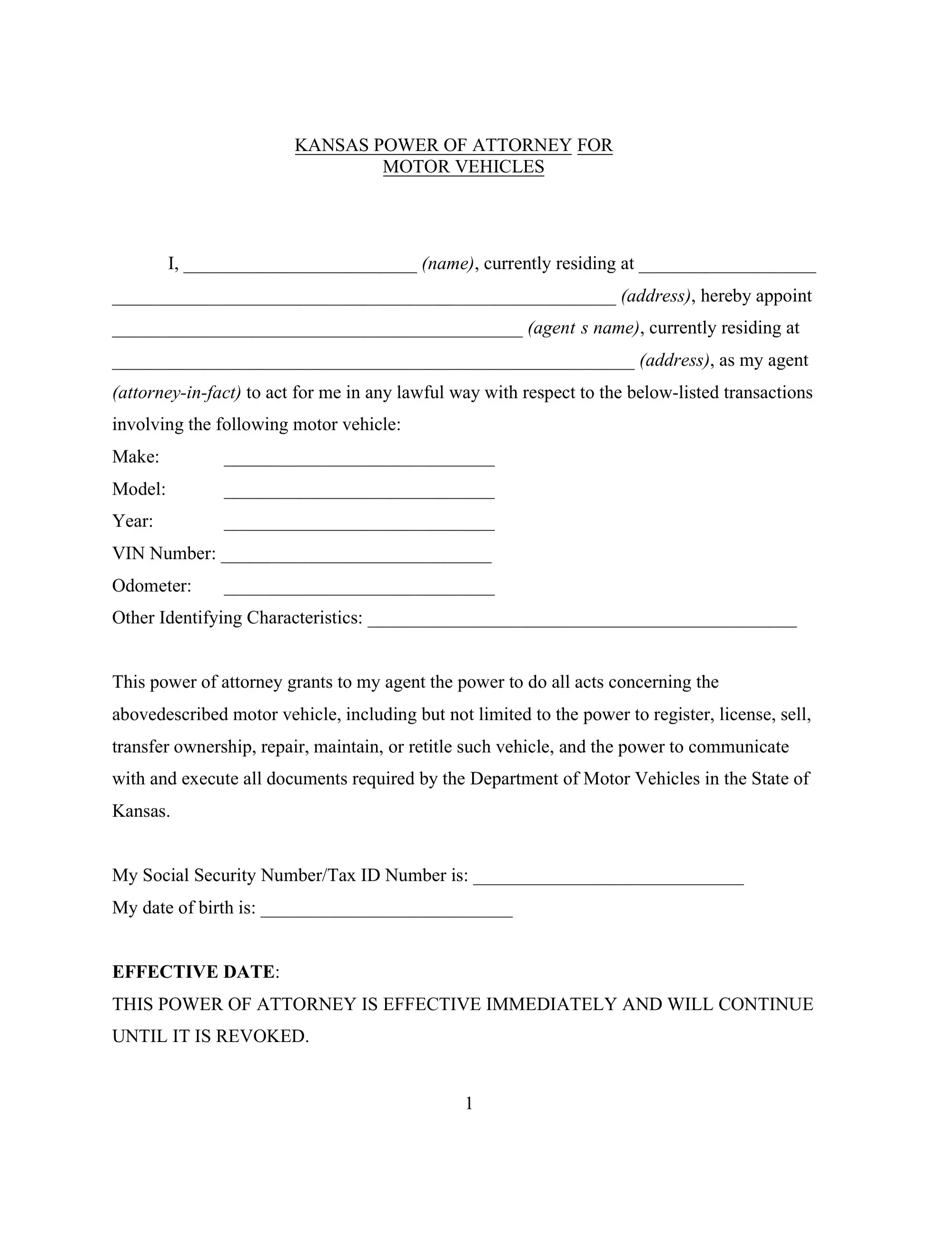 Kansas motor vehicle power of attorney form