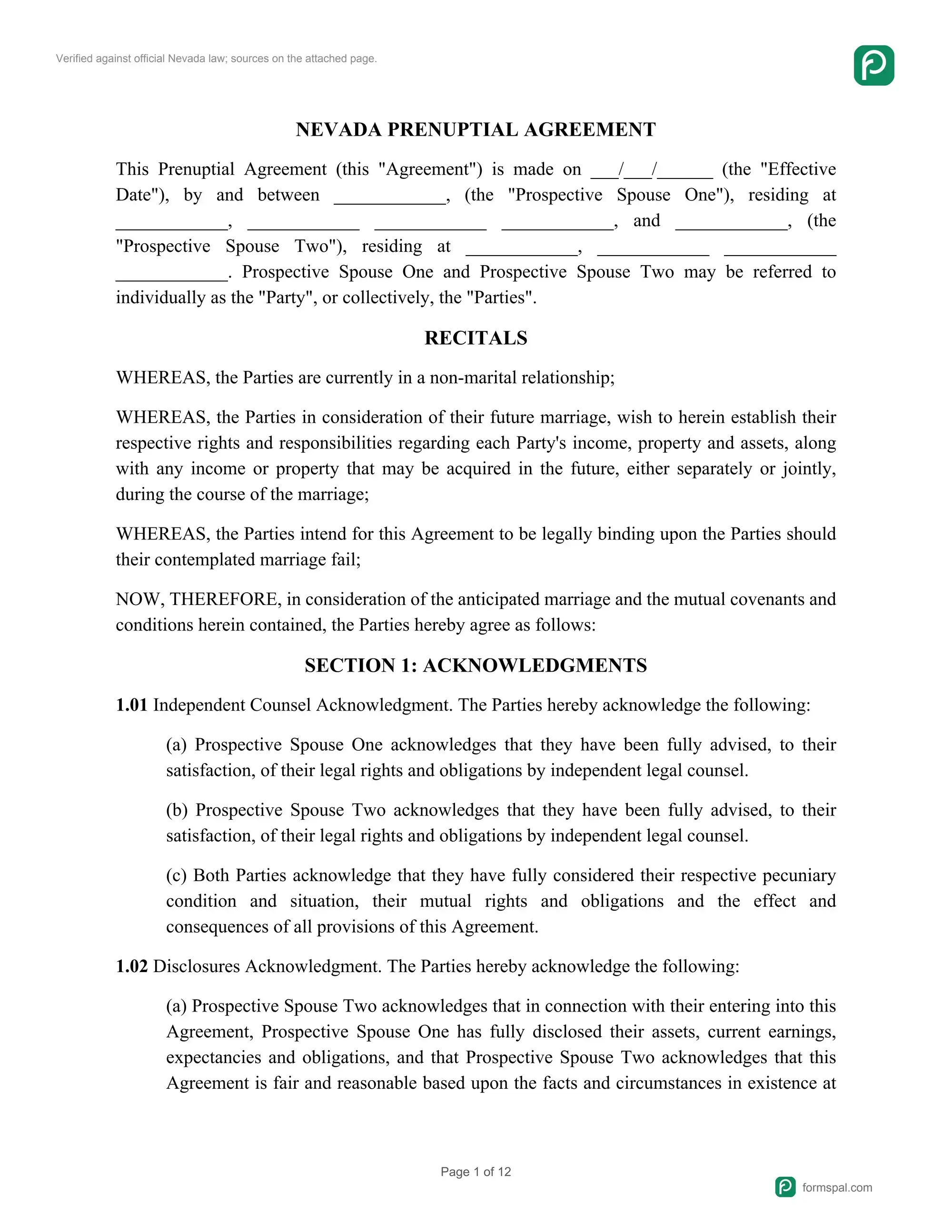 Nevada prenuptial agreement preview