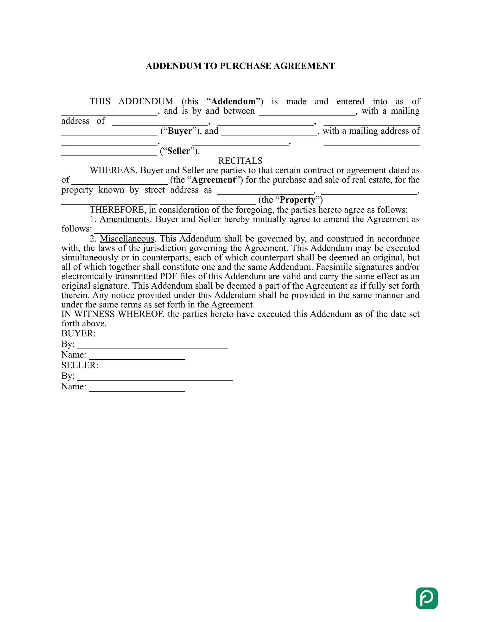 Real Estate Purchase Agreement Addendum preview