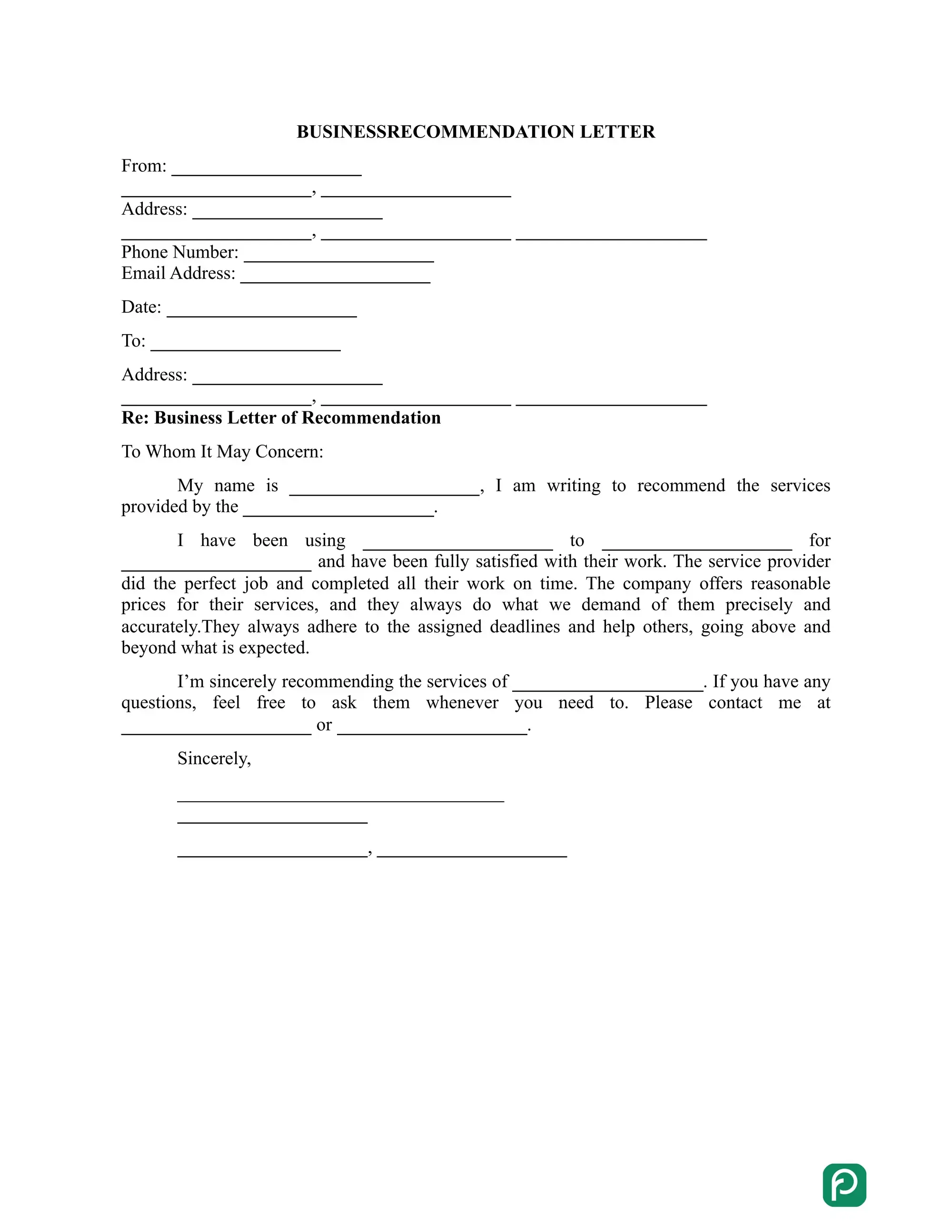 Business Recommendation Letter preview