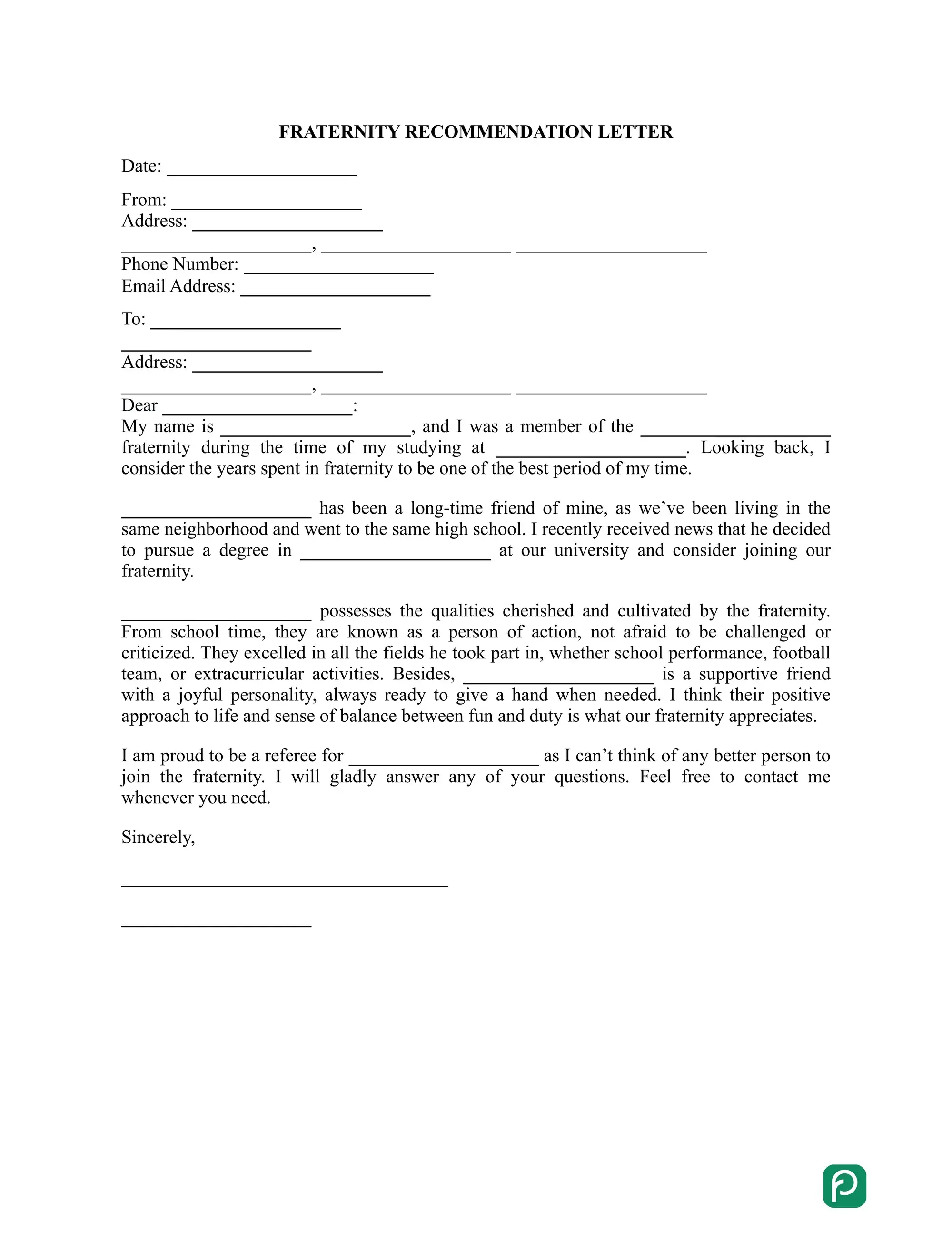 Fraternity recommendation letter preview