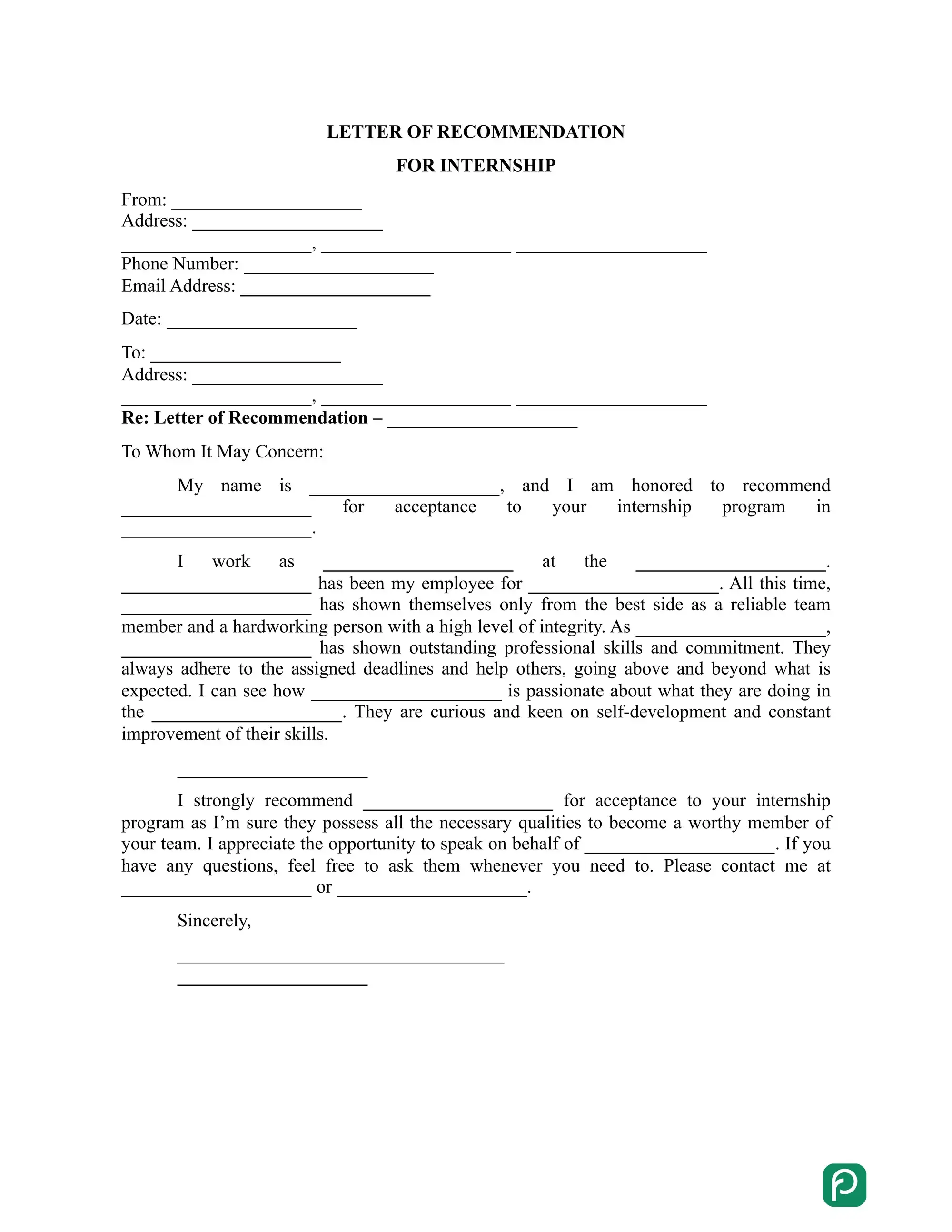 Internship Recommendation Letter preview