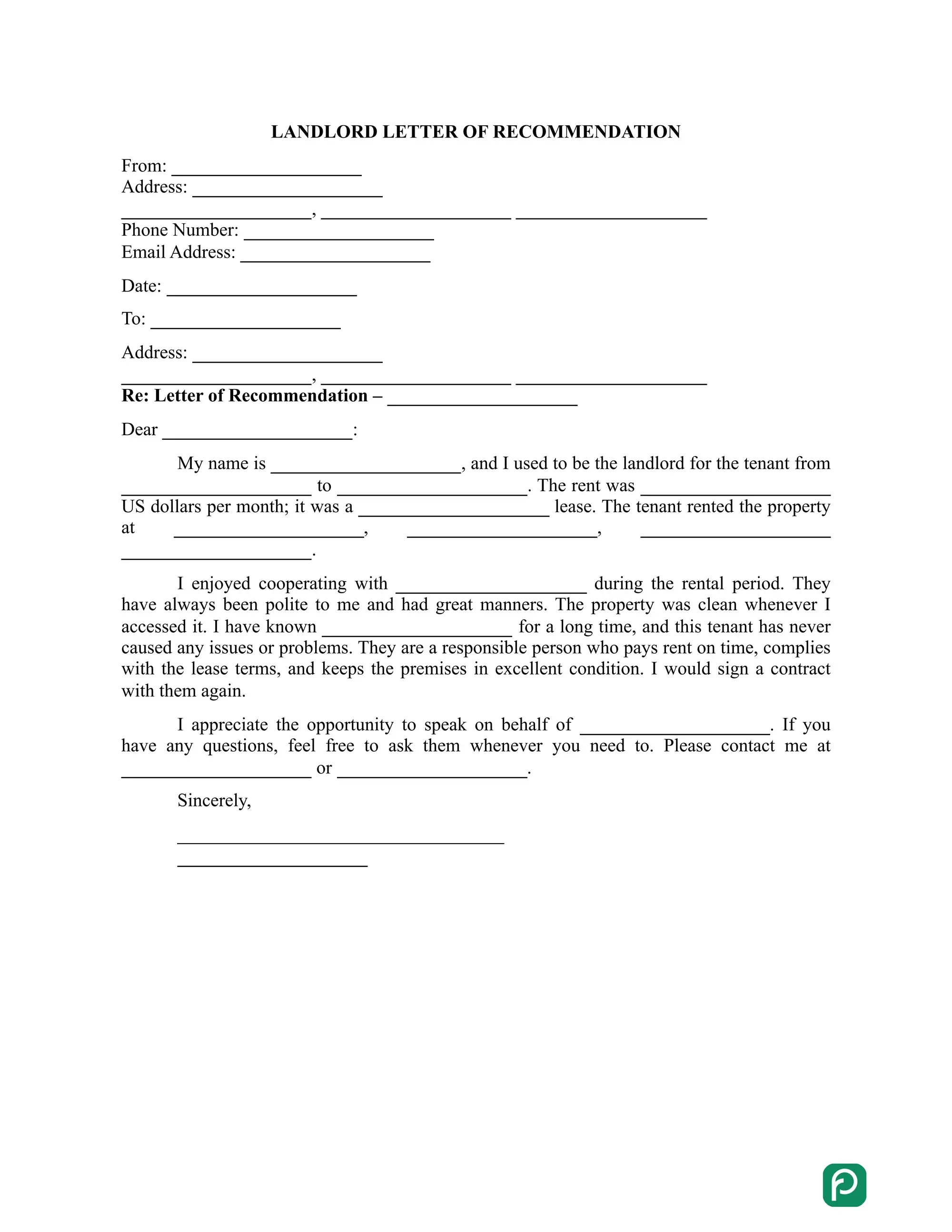 Landlord recommendation letter preview