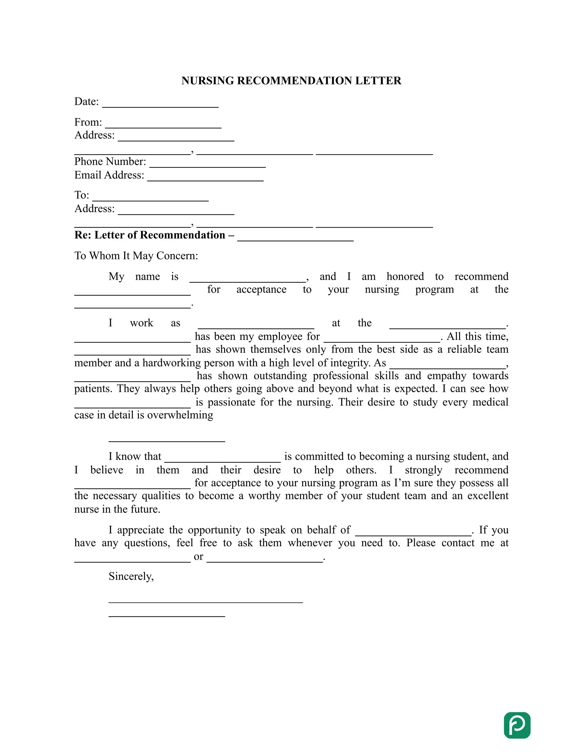 Letter of Recommendation for Nursing School preview