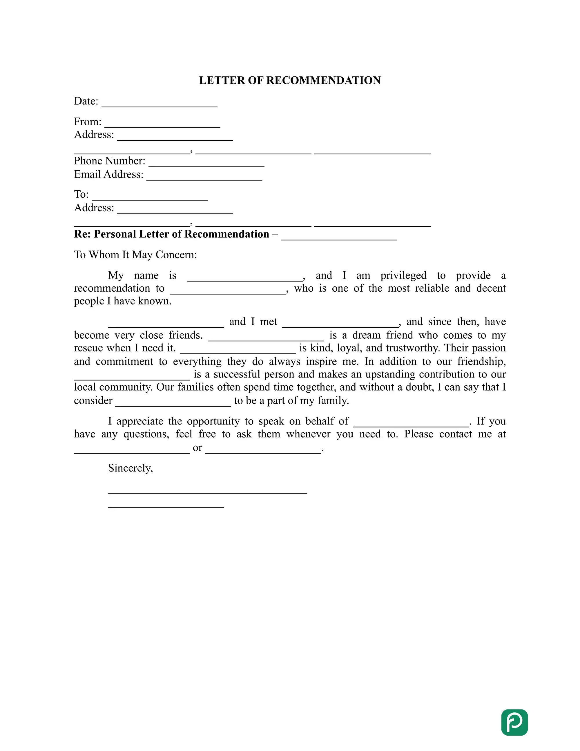Personal recommendation letter preview