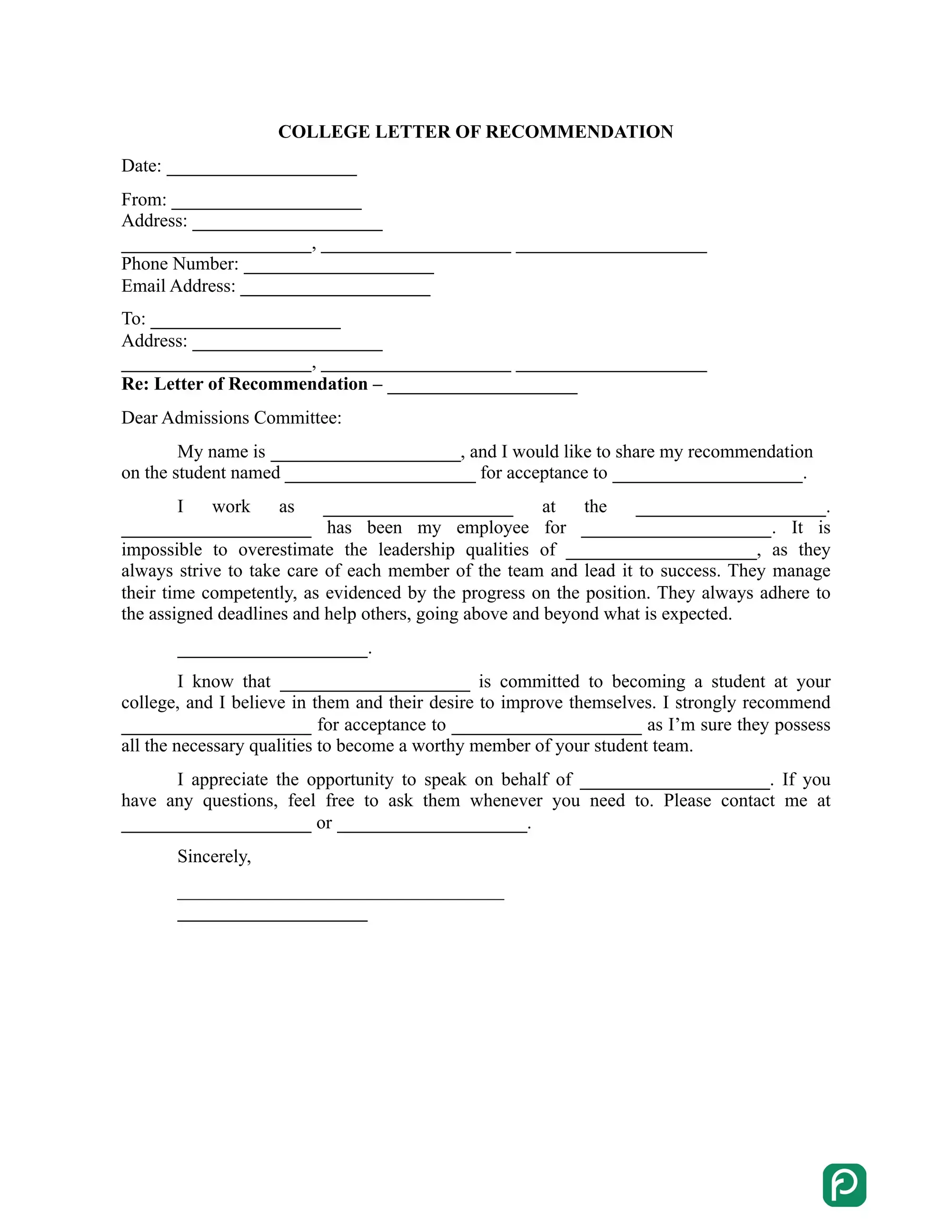 College recommendation letter preview