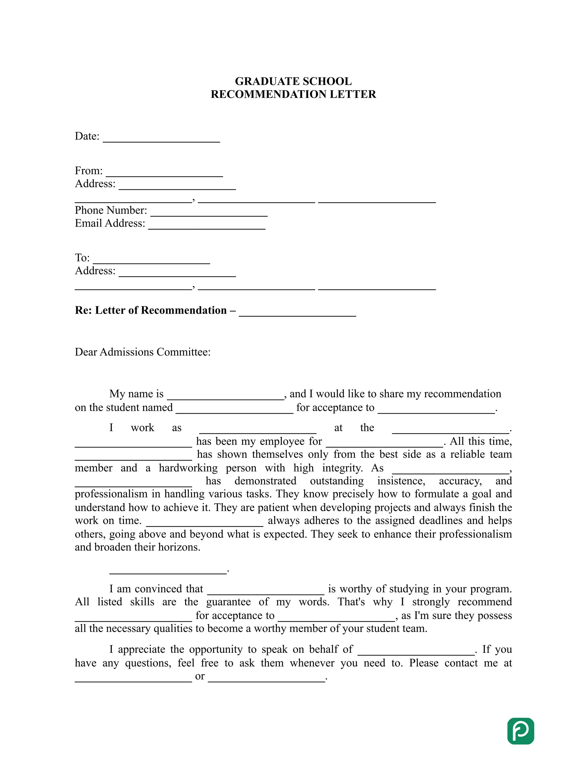 Graduate school recommendation letter preview
