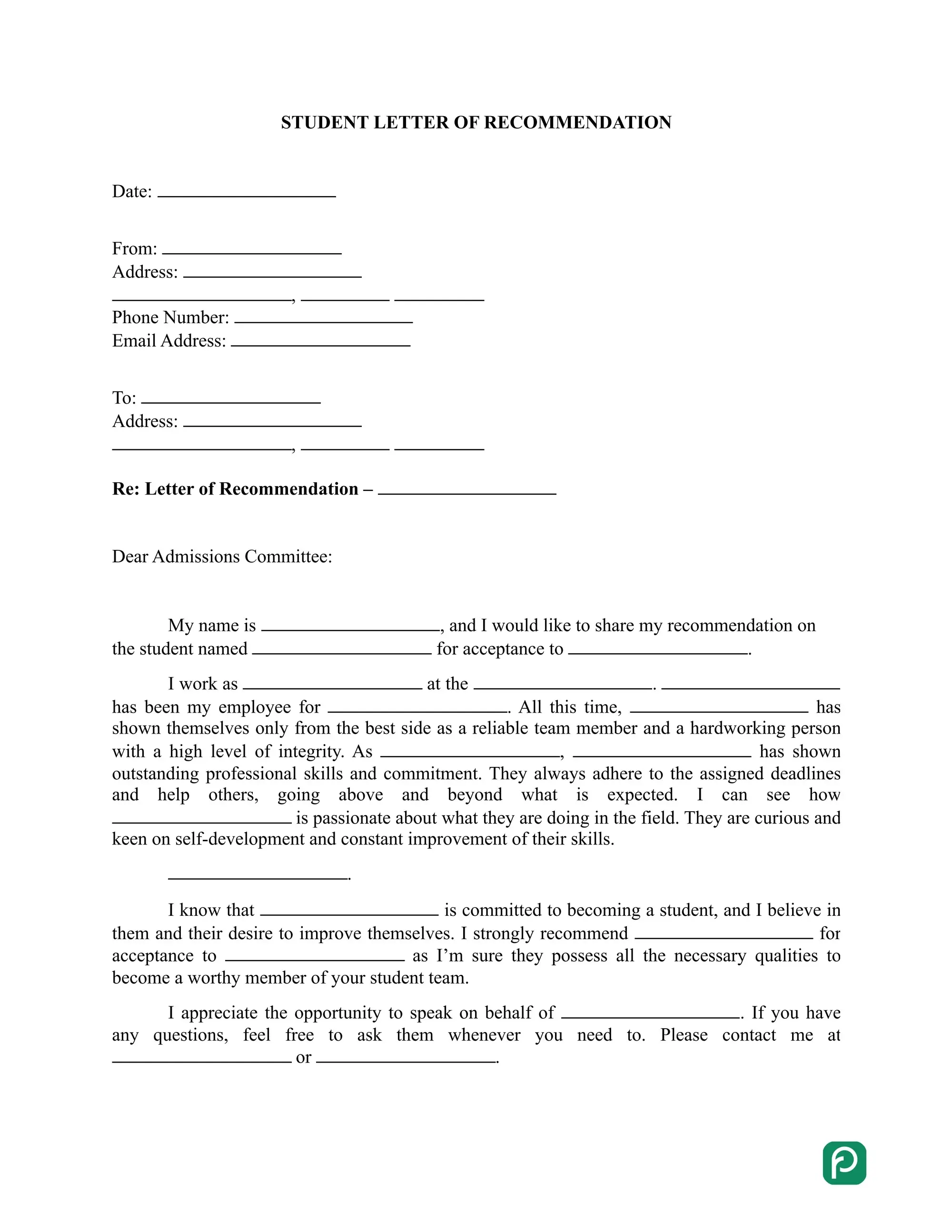 Student recommendation letter preview