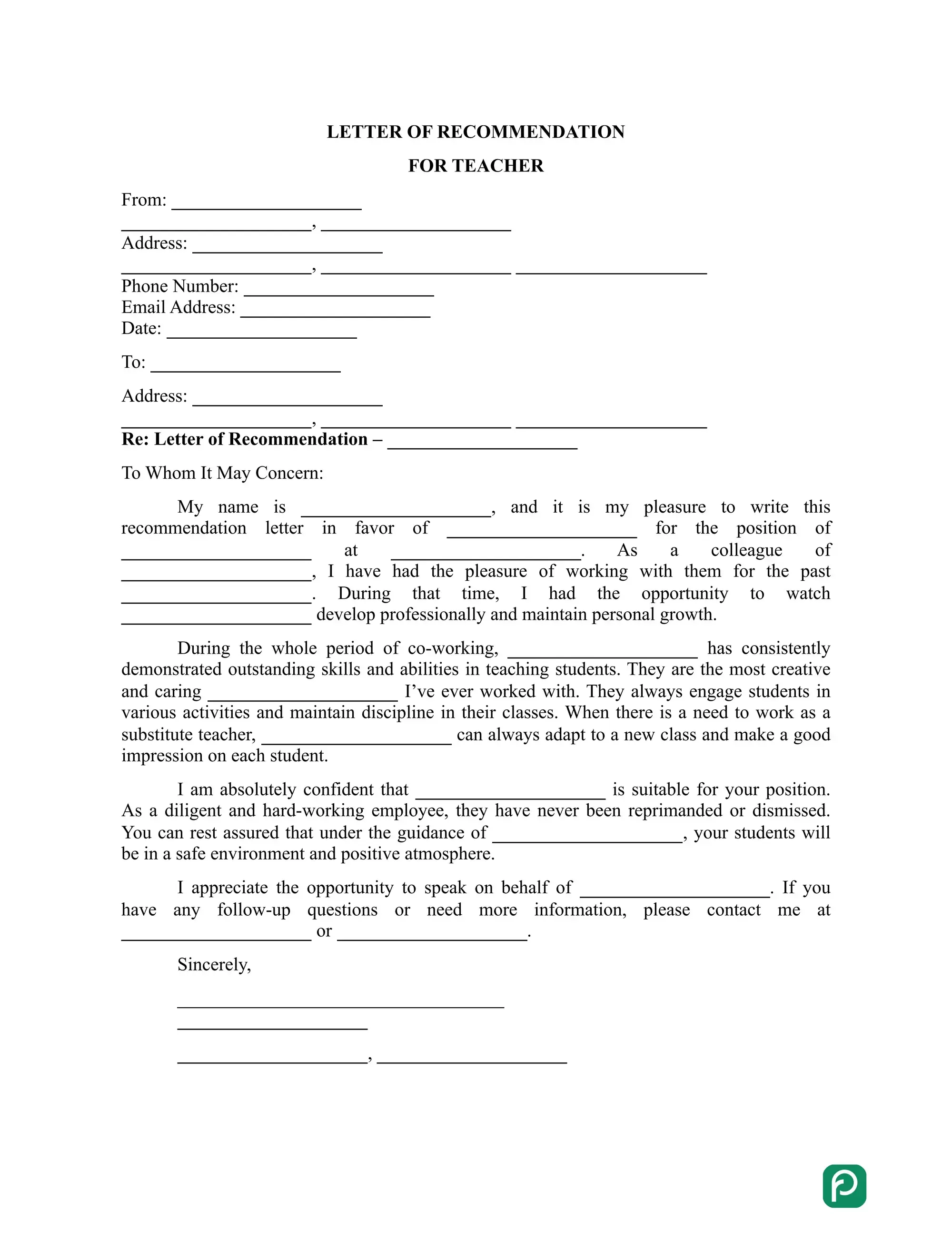 Teacher Recommendation Letter preview