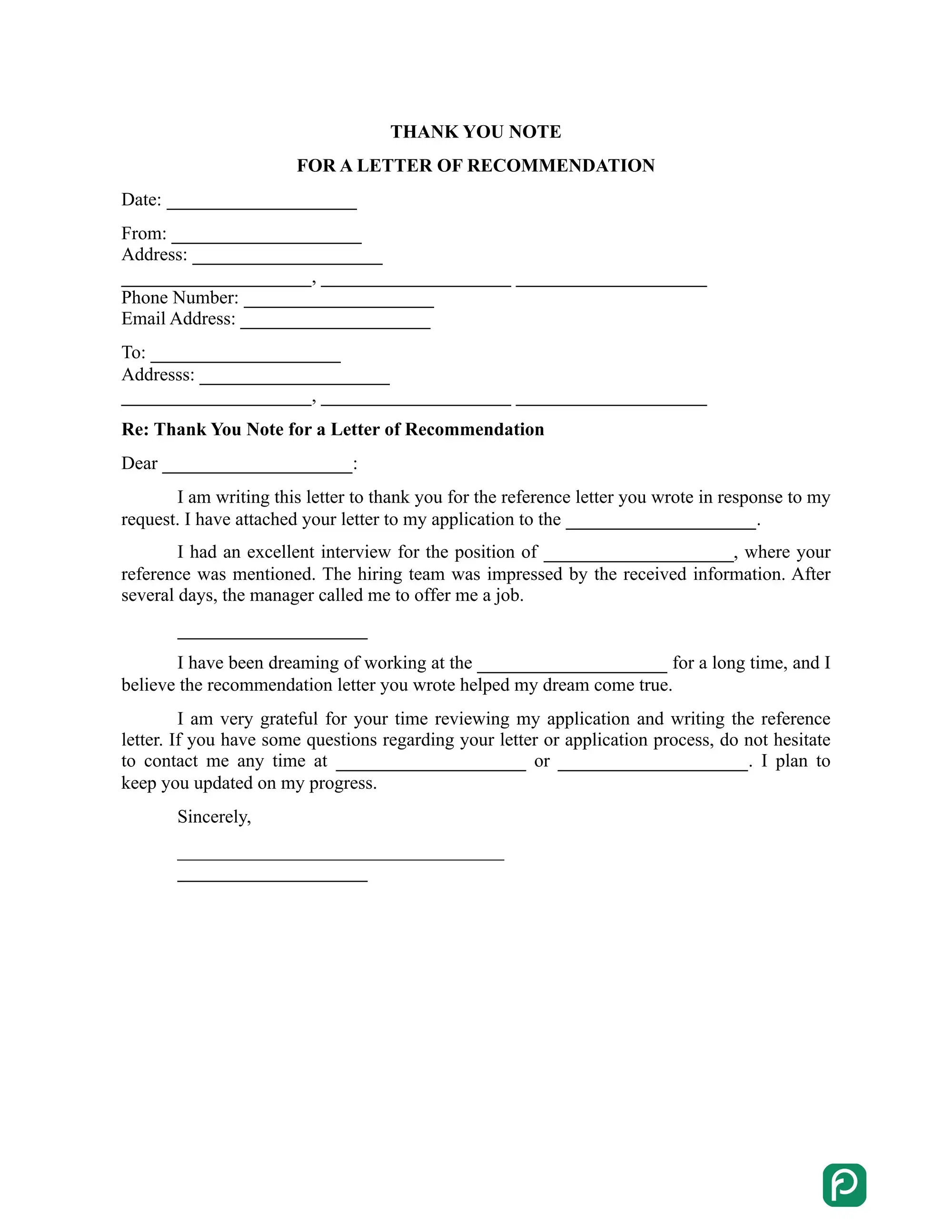 Thank You Note for a Letter of Recommendation preview