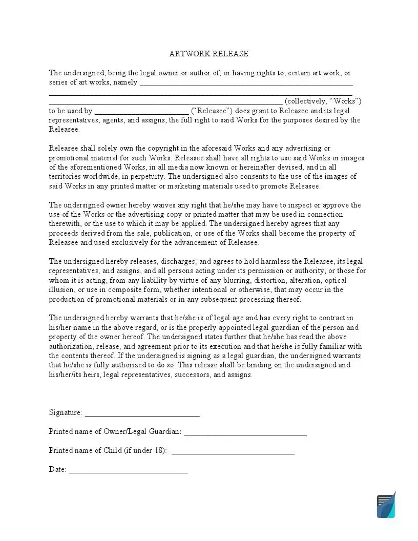 Artwork Release Form | Release Template for Artist Copyright