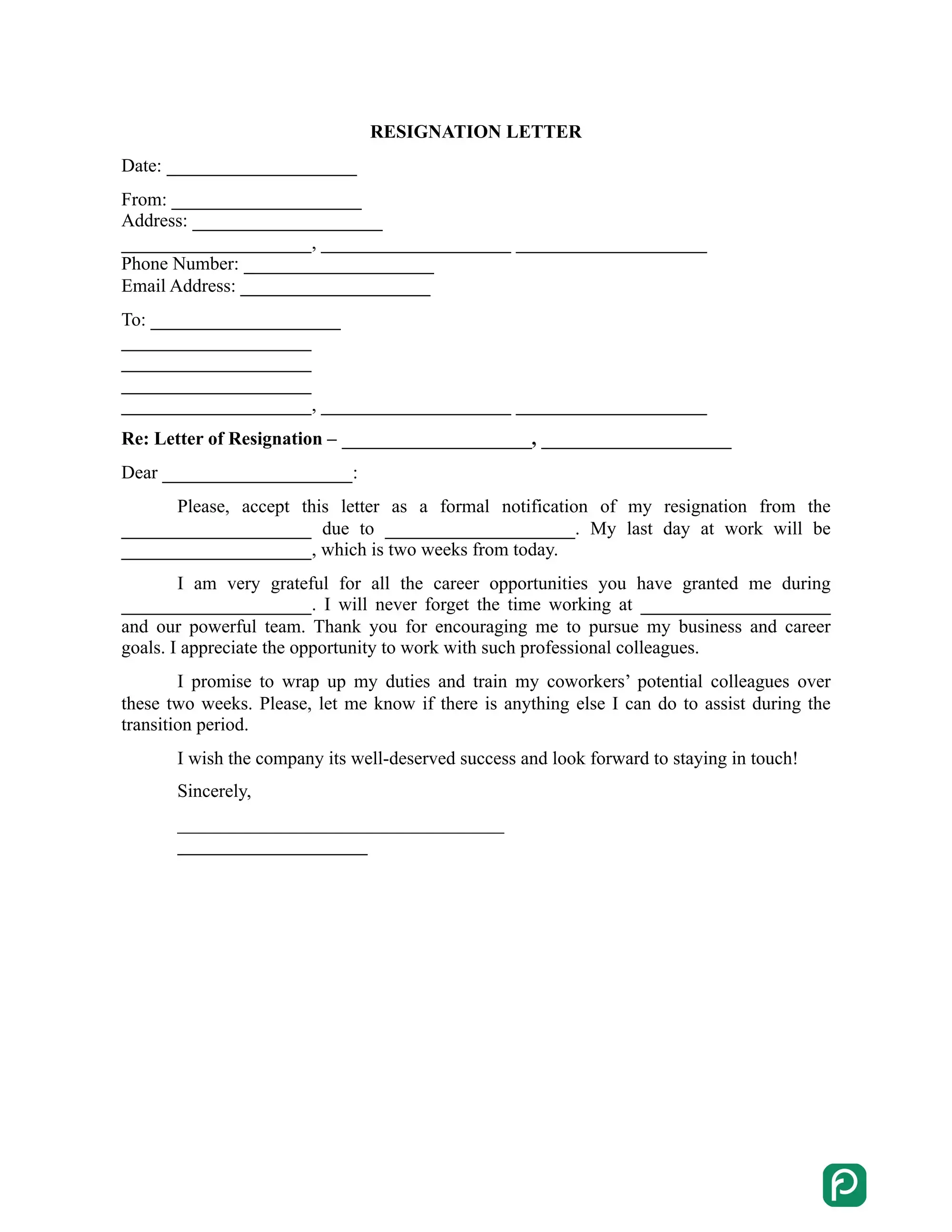 Resignation Letter preview