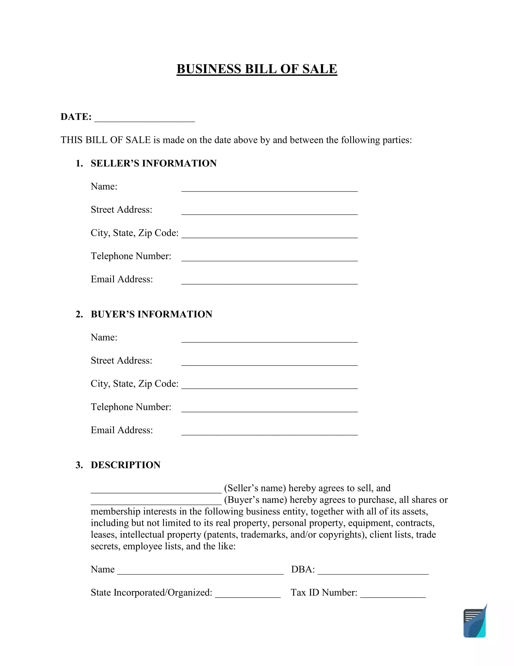 Free Business (Assets) Bill of Sale Form | FormsPal