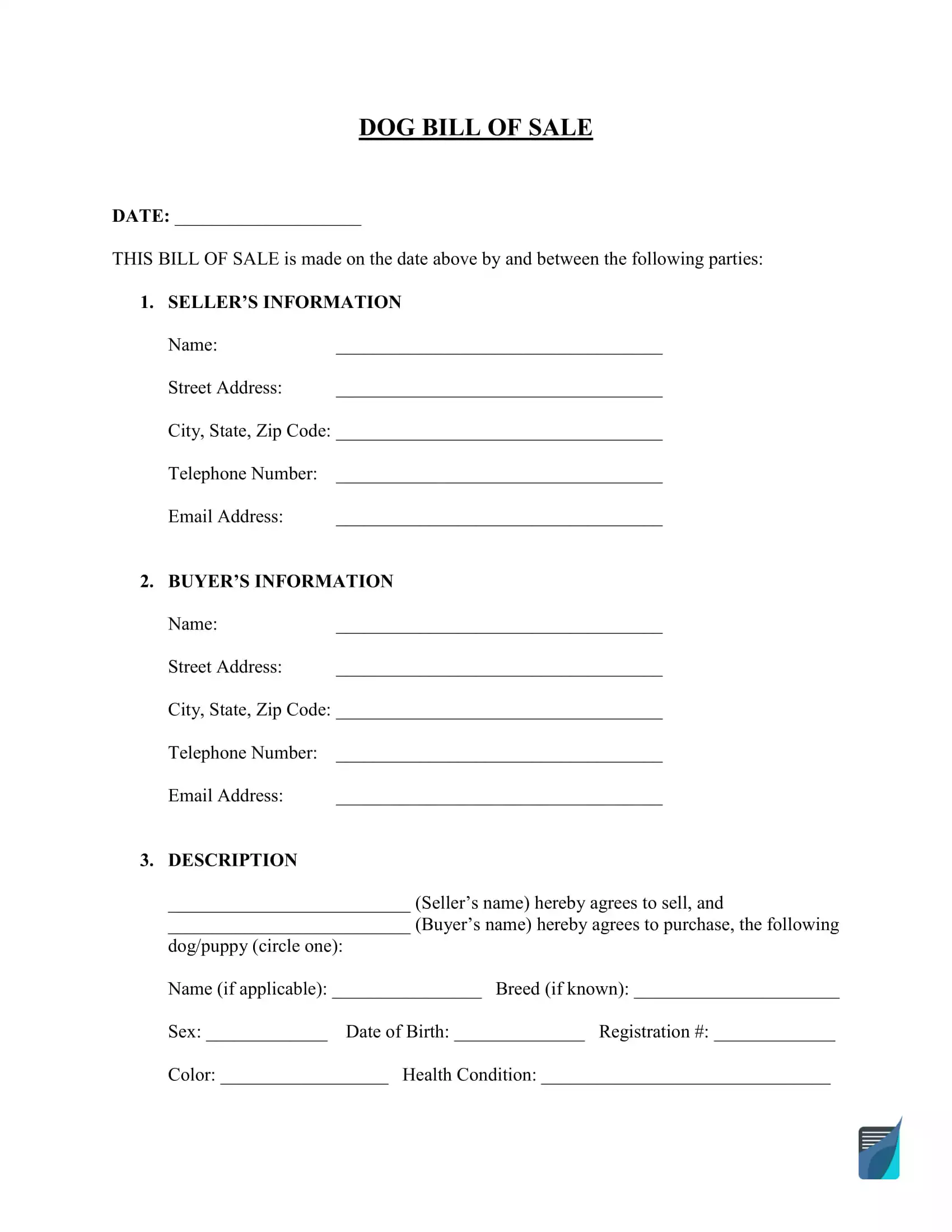 Free Dog (Puppy) Bill of Sale Template  FormsPal Within puppy contract templates