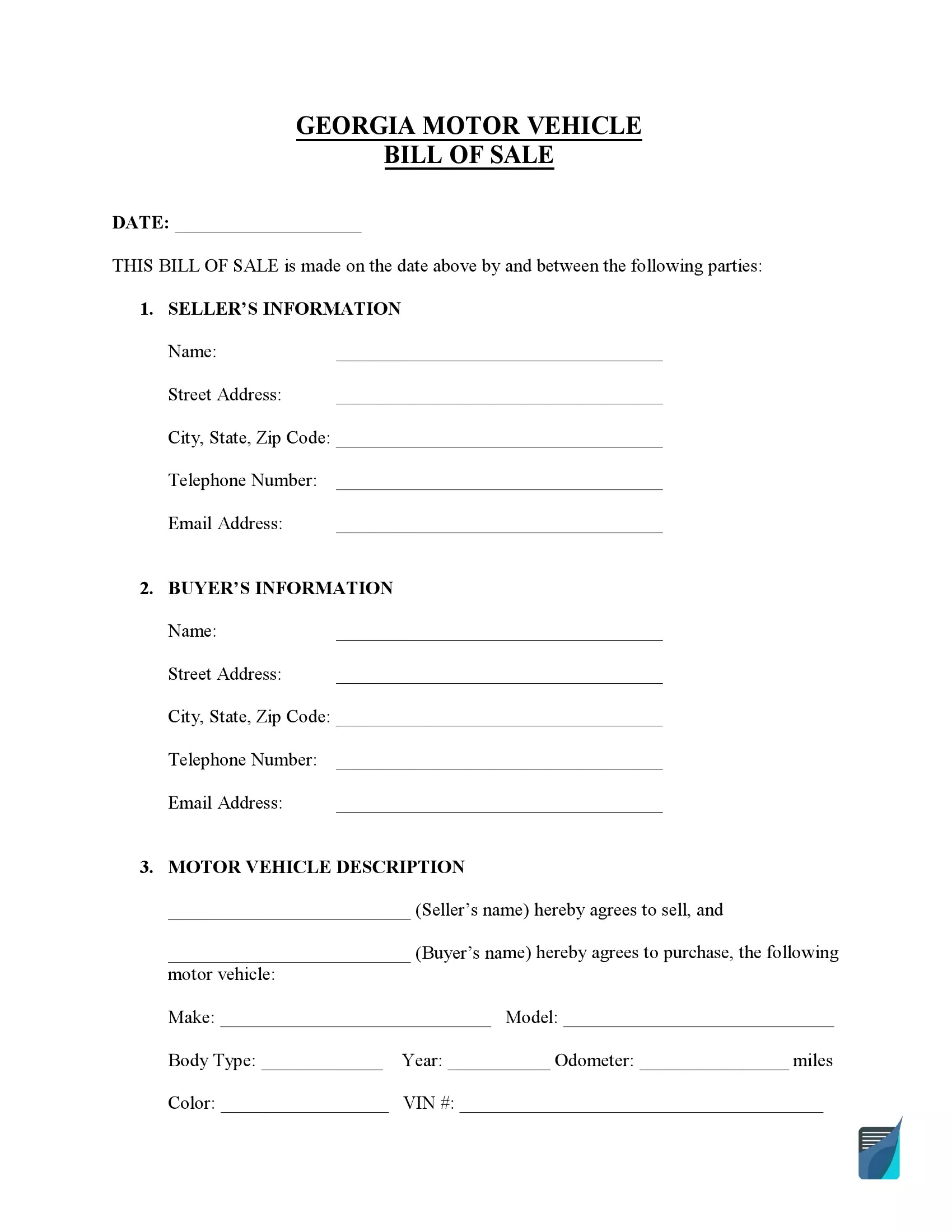 Free Georgia Bill of Sale Forms (PDF) | FormsPal