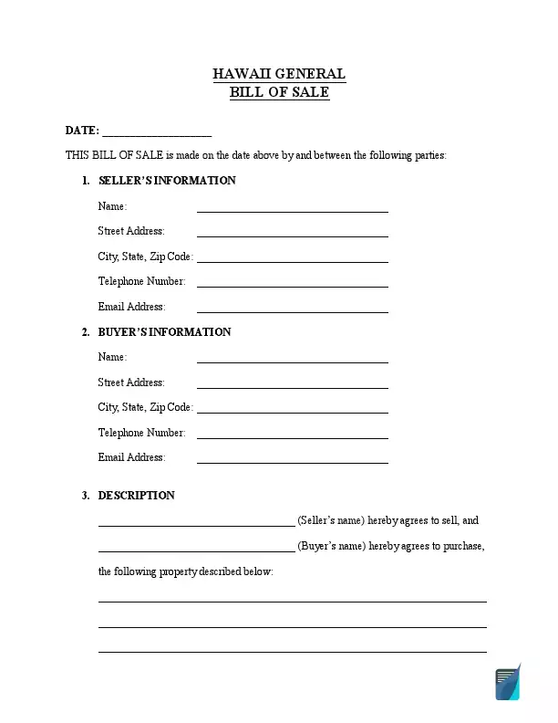 Hawaii general bill of sale template
