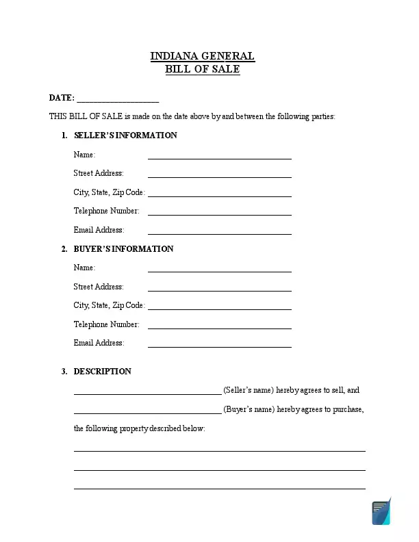 Indiana general bill of sale template