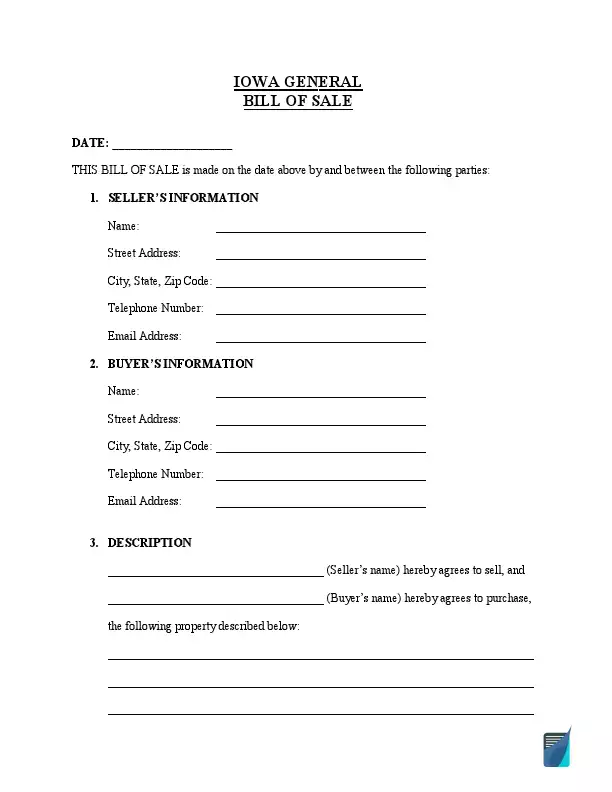 Free Iowa Bill Of Sale Forms PDF FormsPal