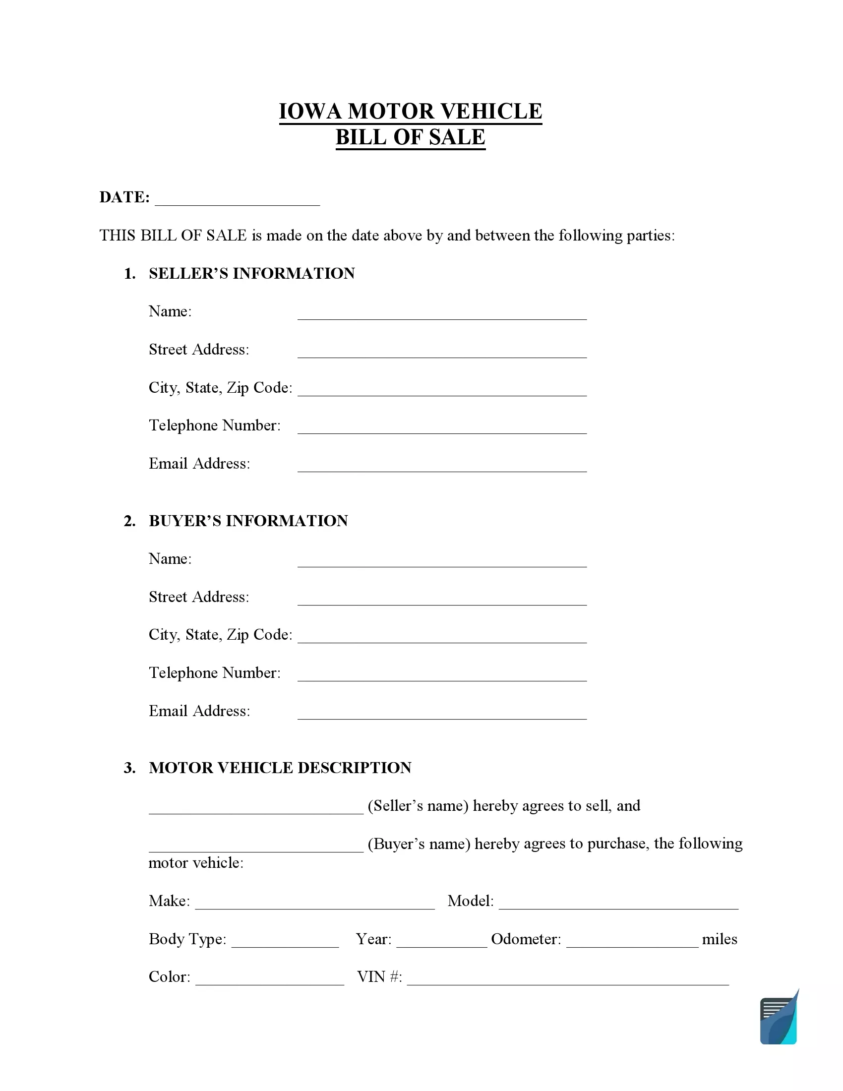 Free Iowa Bill Of Sale Forms PDF FormsPal