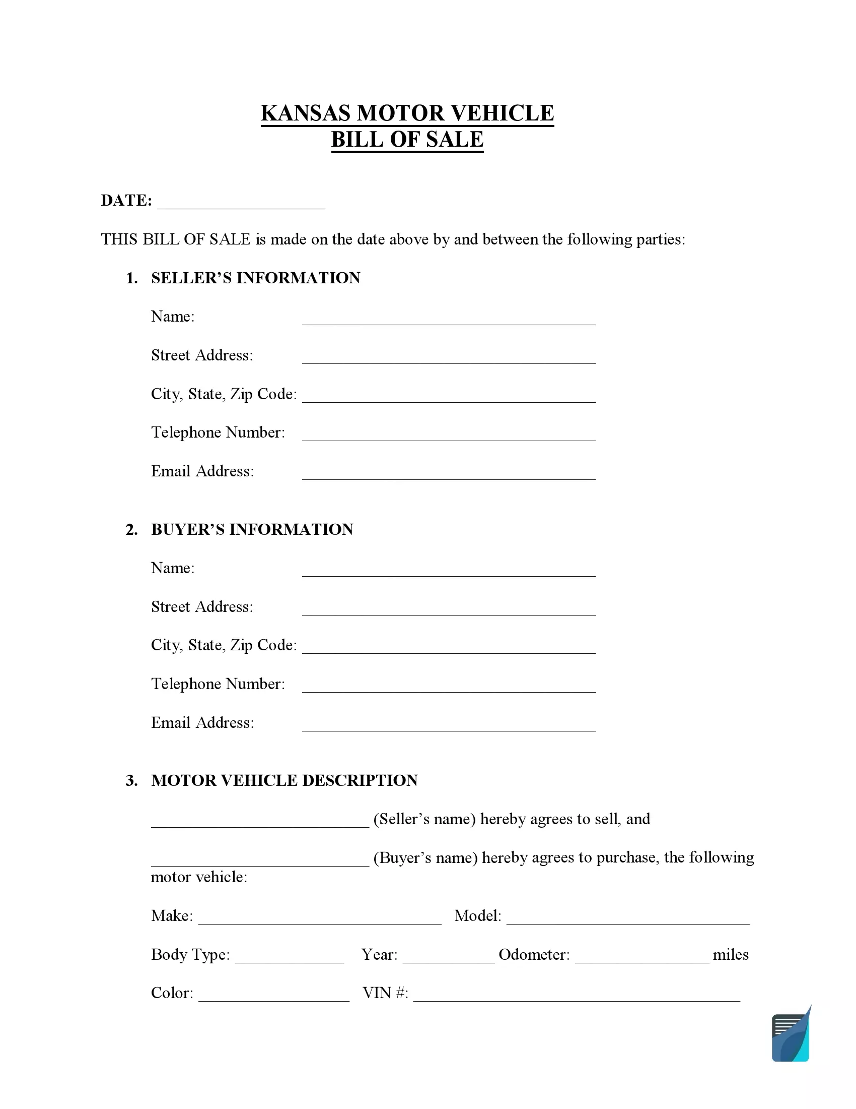 Kansas motor vehicle bill of sale template