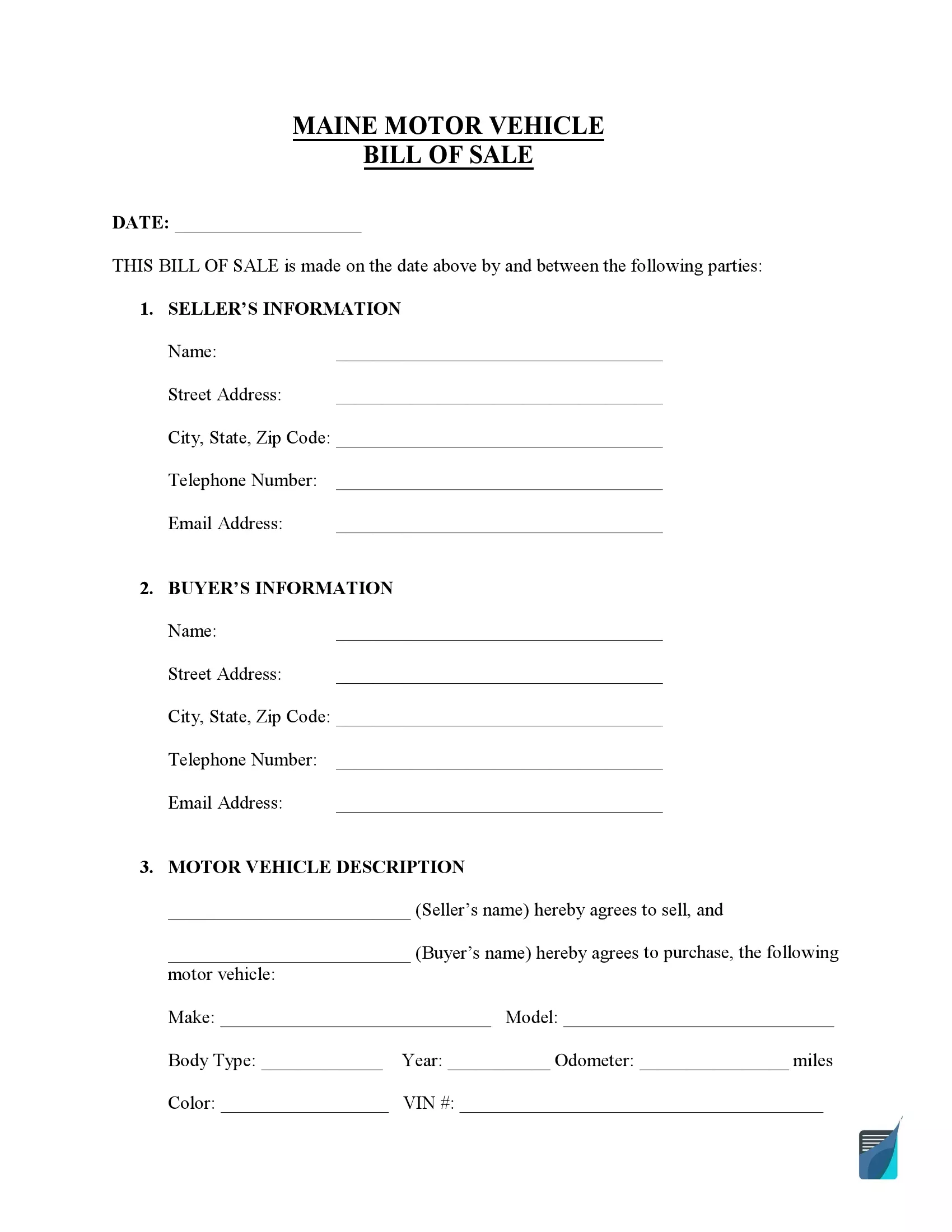 Maine motor vehicle bill of sale template