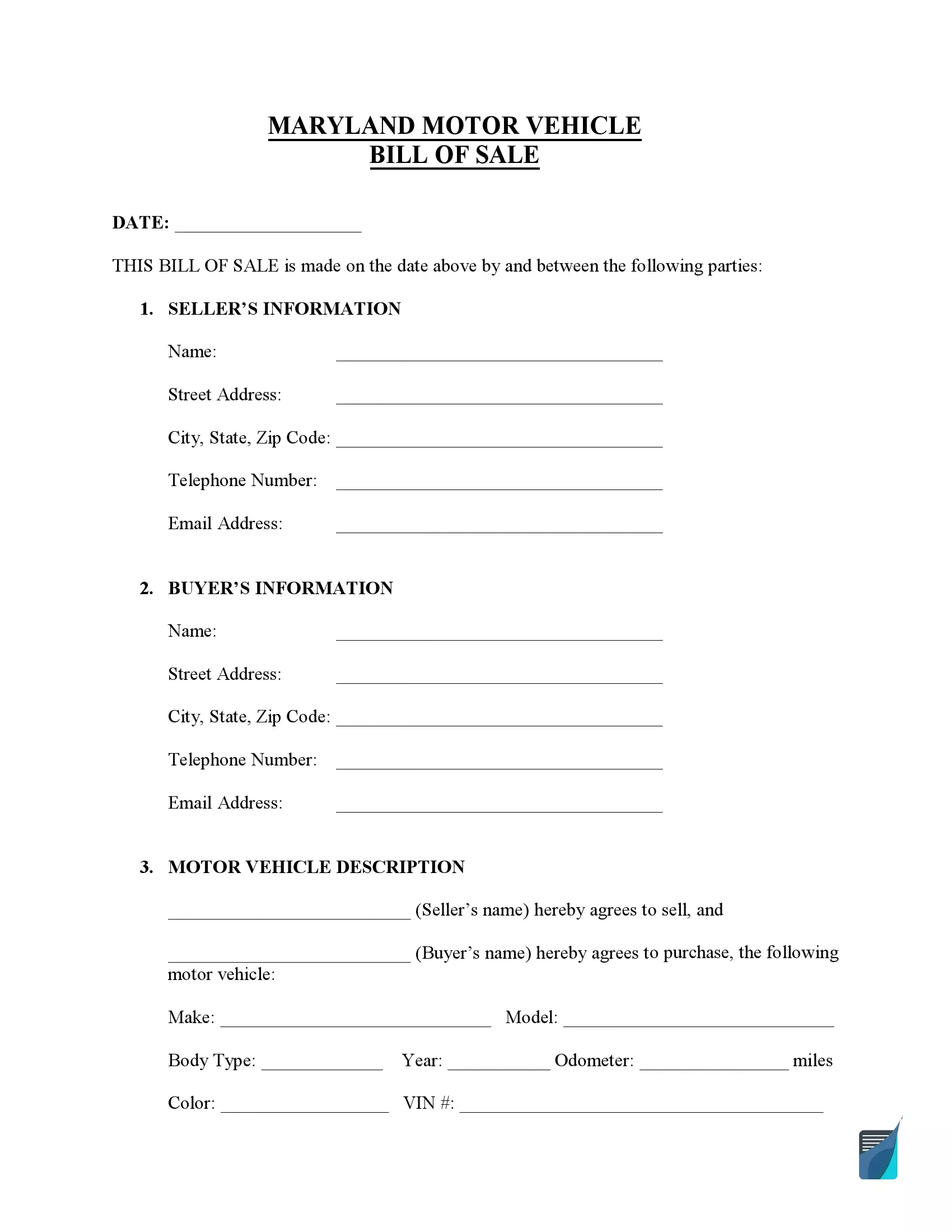 Maryland motor vehicle bill of sale template