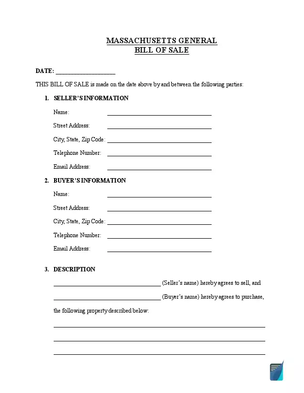 Massachusetts general bill of sale template