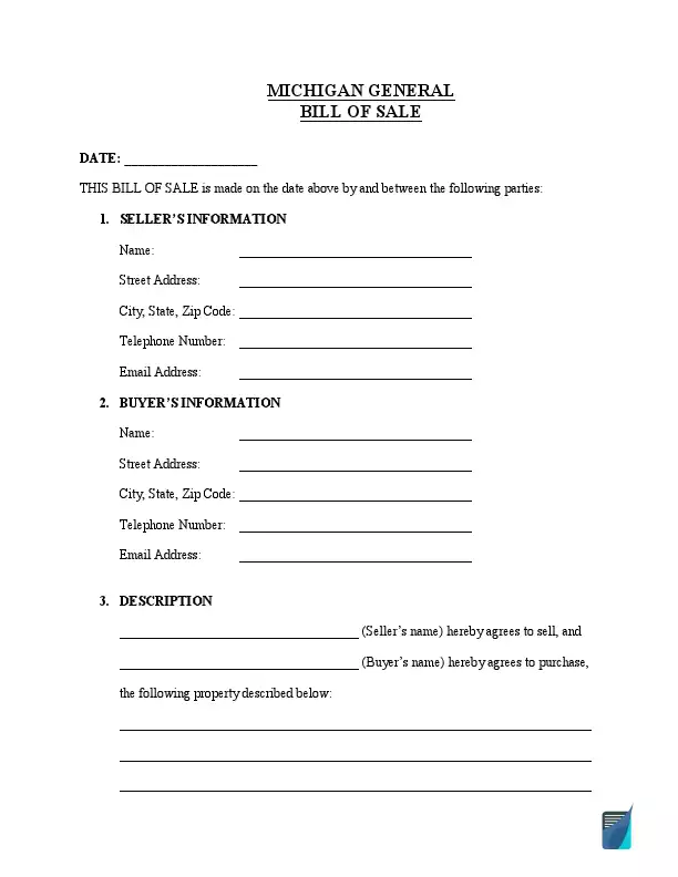 Michigan general bill of sale template